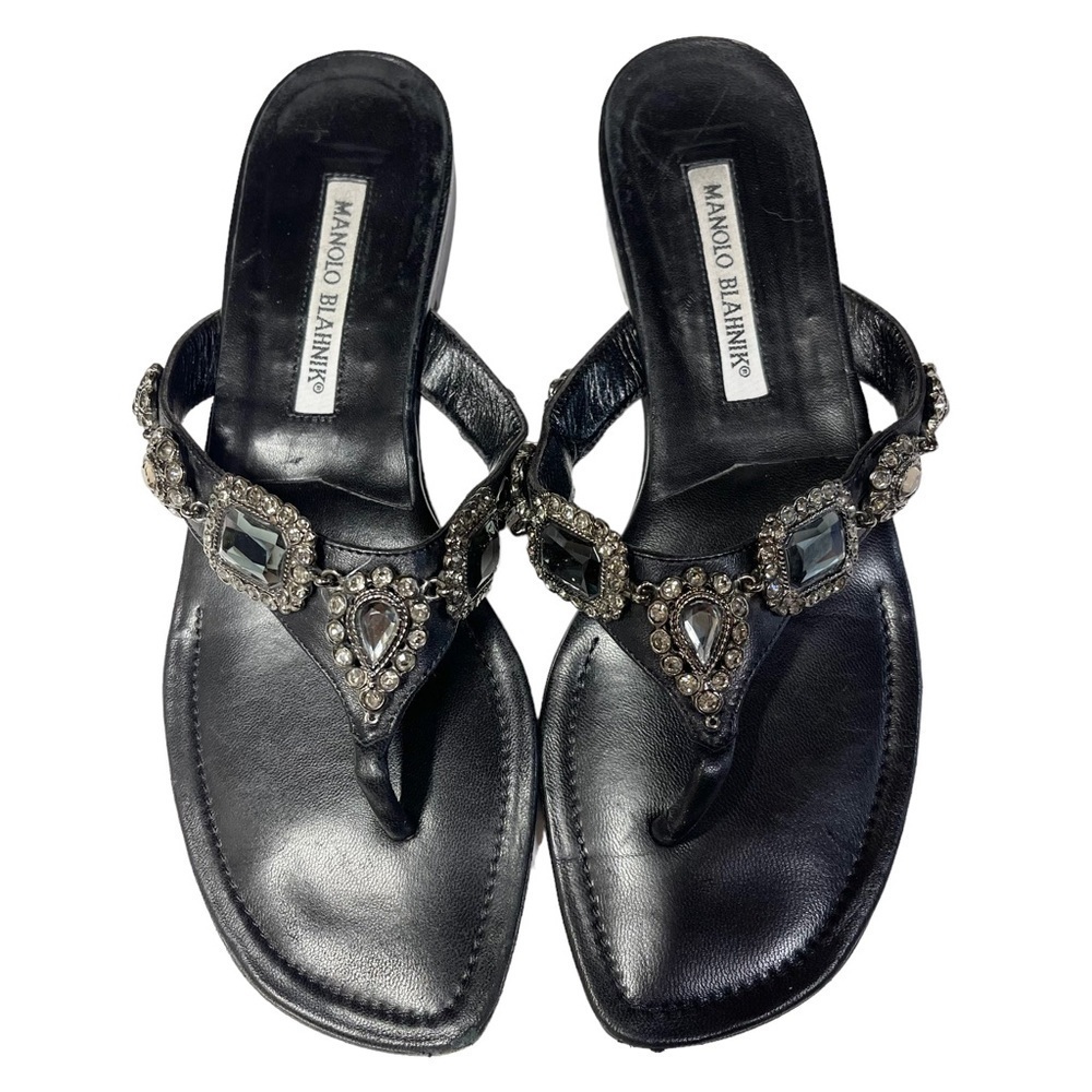 Manolo Blahnik Cesabi Embellished Thong Flats Black Size 38